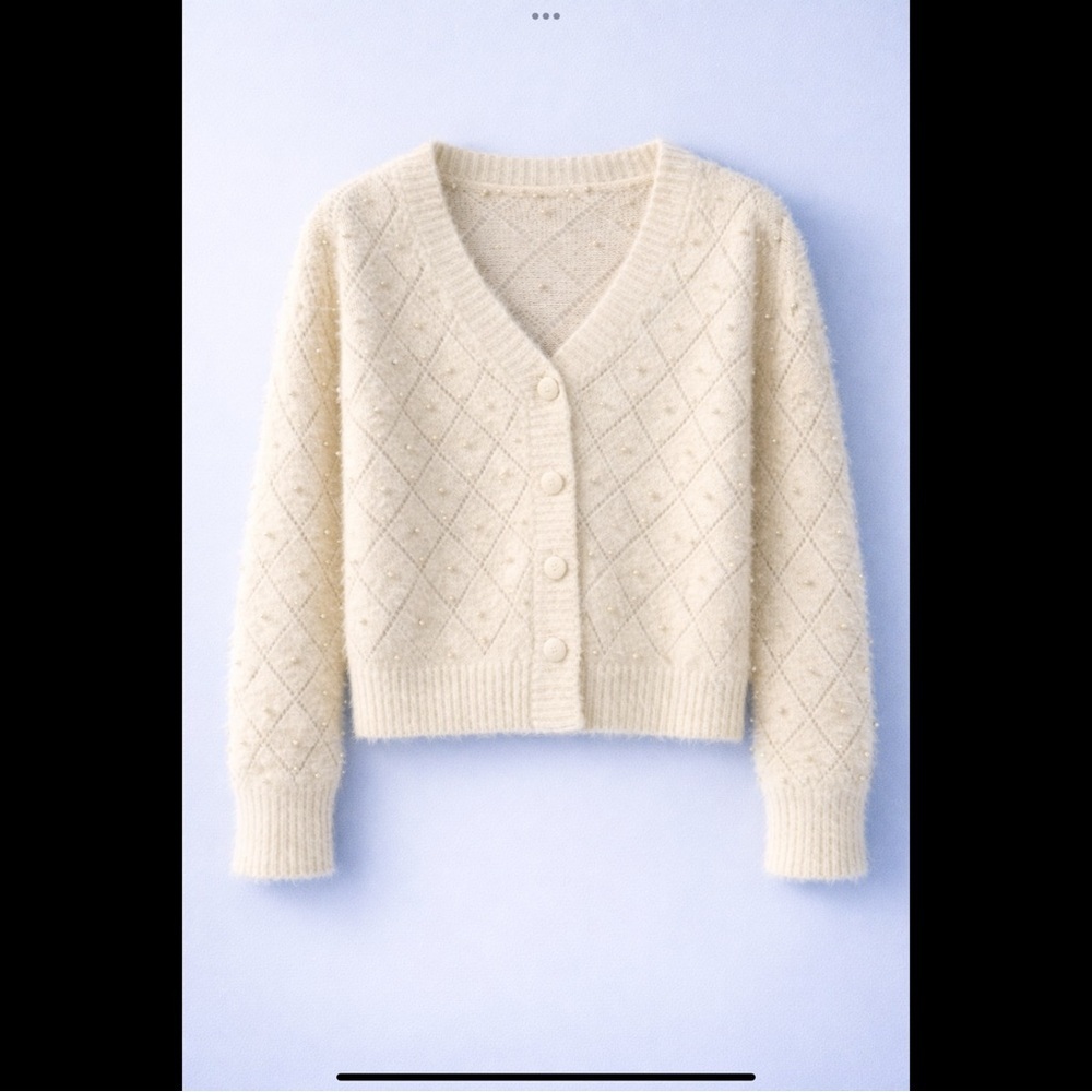 Coquette Pearl Cardigan Cream Diamond Knit Button Front Debut Sweater